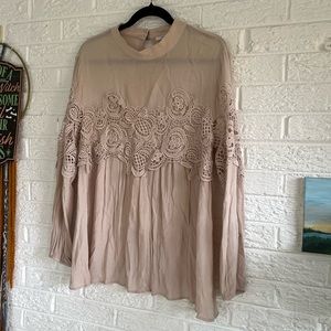 50.  Boho Beauty…flowey, taupe blouse with floral crochet/lace detail!